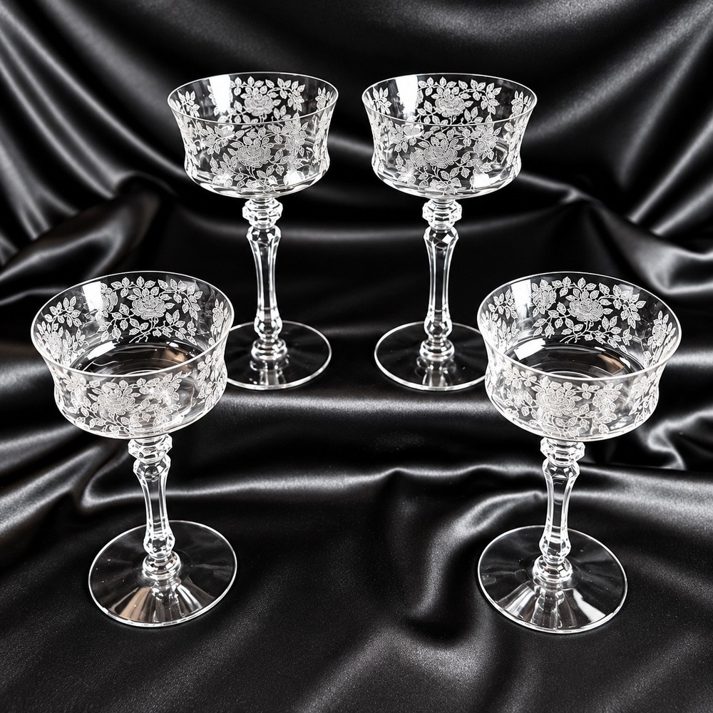 Tiffin Franciscan Etched Crystal Tall Sherbet Glasses Set of 4 15088